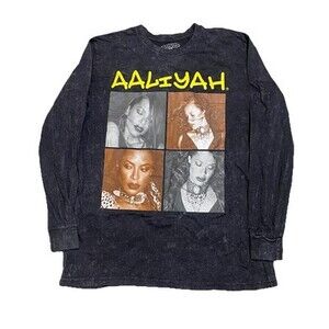 Aaliyah Graphic Tee‎ Long Sleeve Black Wash M 90s Hip Hop R&B Vintage Concert